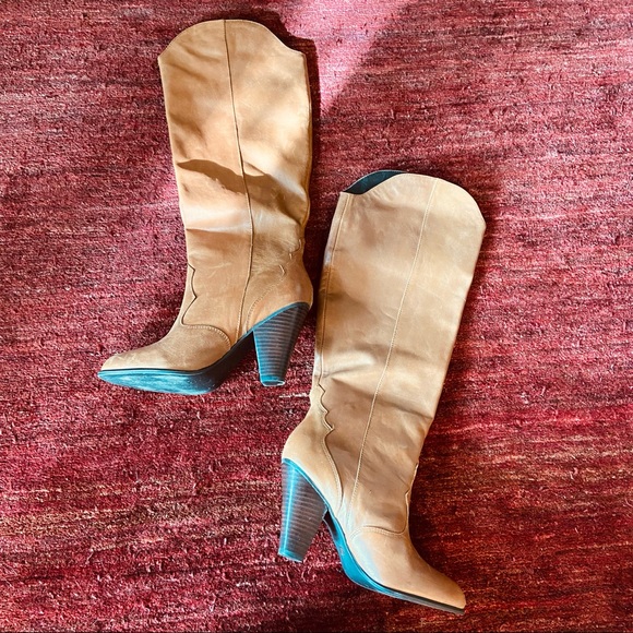 Real Leather Tan DOLCE VITA Knee High Heeled Cowboy Boots 8.5 - Picture 3 of 6